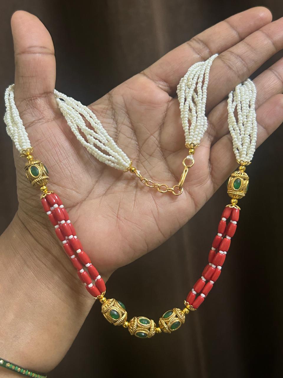 Multi-Layer Pearl Coral Bead Necklace (Handmade)